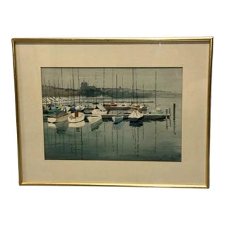 Framed Vintage Harbor Scene Watercolor Painting by Ellis Zbinden For Sale