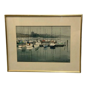 Framed Vintage Harbor Scene Watercolor Painting by Ellis Zbinden