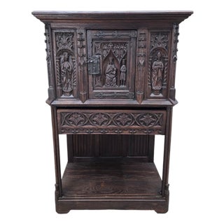 Antique French Gothic Revival Carved Oak Cabinet With Religious Figures For Sale