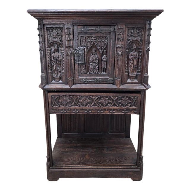 Antique French Gothic Revival Carved Oak Cabinet With Religious Figures For Sale
