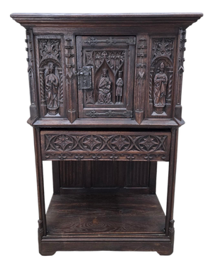 Antique French Gothic Revival Carved Oak Cabinet With Religious Figures