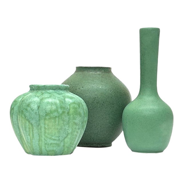 Vintage Matte Green Pottery Vessel Curation - Group of 3 For Sale
