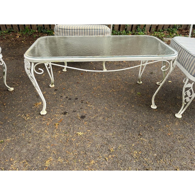 1950s Vintage 1950s Woodward Style Wrought Iron White Chantilly Rose Pattern Set of 5 With Water Proof Cushion Patio Furniture For Sale - Image 5 of 7