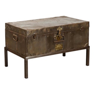 English 1920s Sarah Rackett Metal Trunk with Handles Mounted on New Custom Stand For Sale