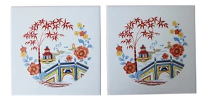 Vintage Chinoiserie Tin-Glazed Pottery Tiles - Set of 2