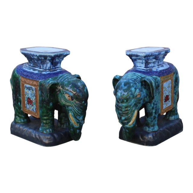 Pair Ceramic Handmade Chinese Green Blue Oriental Elephant Figures For Sale