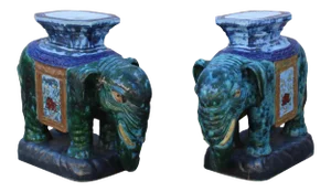Pair Ceramic Handmade Chinese Green Blue Oriental Elephant Figures