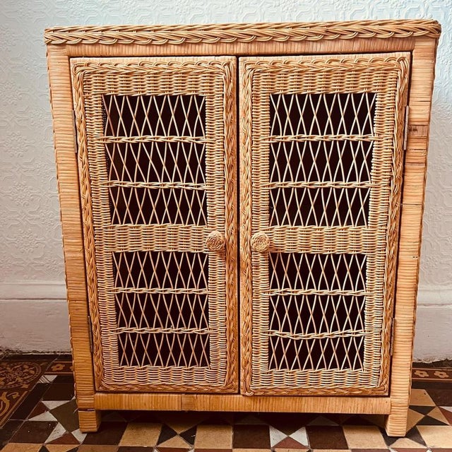 Vintage Wicker Shelved 2-Door Cupboard For Sale - Image 5 of 14