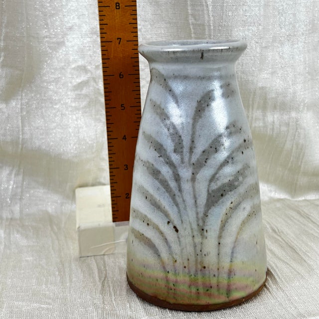 Signed Fp Studio Pottery Vase Iridescent Glaze Carved 7” For Sale - Image 4 of 12