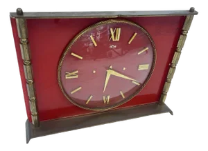 Brass and Red Glass Clock, 1940s