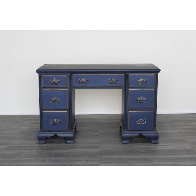 Vintage Georgian Style Blue Desk of Seven Drawers For Sale In Miami - Image 6 of 6