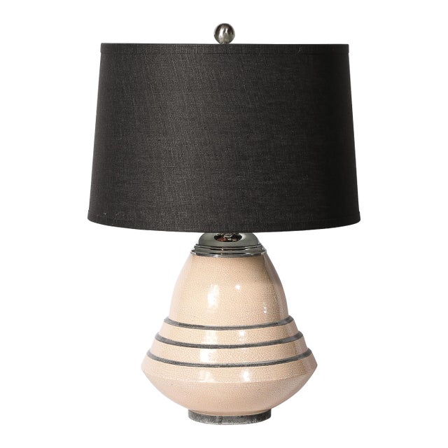 Art Deco Machine Age Craquelure Cream Ceramic Table Lamp Signed Marcel Guillard For Sale