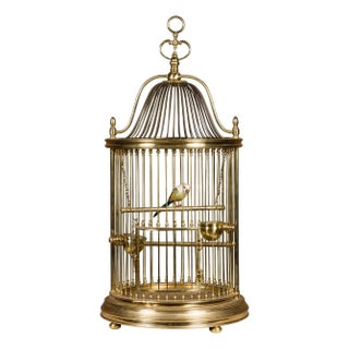 French Midcentury Brass Circular Birdcage with Decorative Bird For Sale