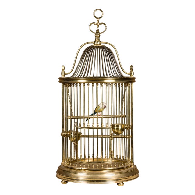 French Midcentury Brass Circular Birdcage with Decorative Bird For Sale