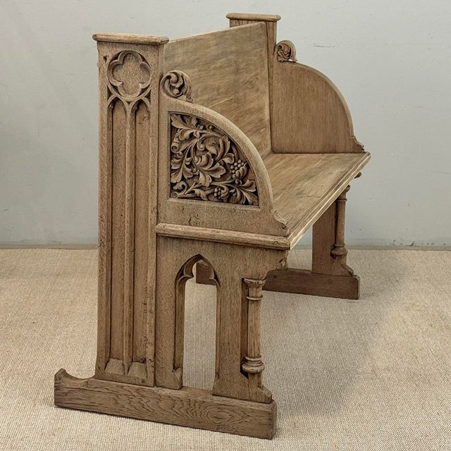 19th Century Gothic Revival Stripped Oak & Fruitwood Deacon’s Bench For Sale - Image 15 of 18