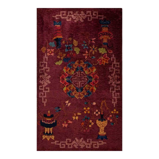 Lofty Purple Ground Color With Bits of Chinese Ornament Floral Design Antique Art Deco Rug For Sale