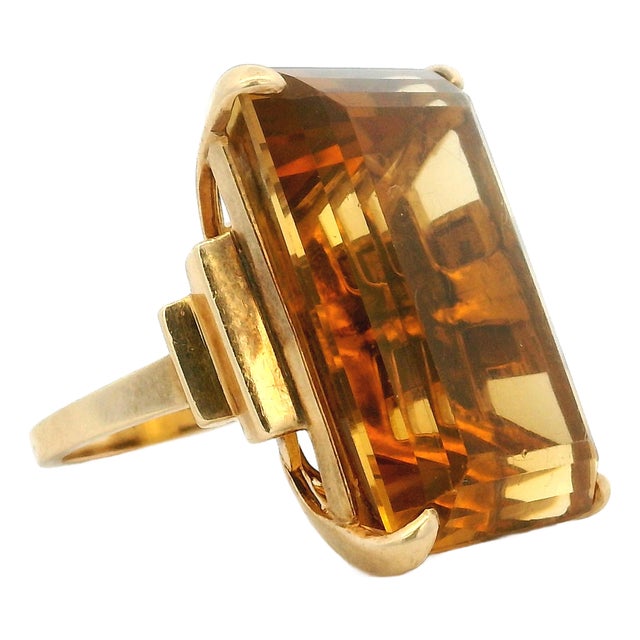 Vintage FFF Emerald-Cut Citrine Ring in 14k Yellow Gold, Size 6.75 For Sale