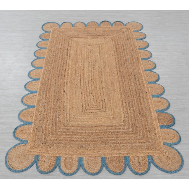 French Blue Scallop Edge Jute Rug 5x8 For Sale - Image 13 of 13