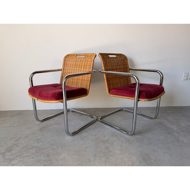 Mid-Century Modern Mid Century Modern Harvey Probber Style Chrome & Cane Cantilever Arm Chairs - A Pair For Sale - Image 3 of 18