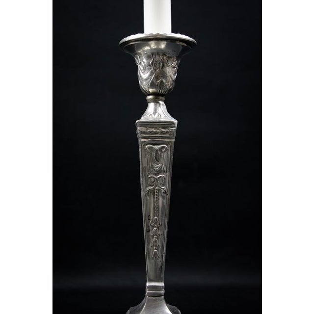 Early 20th Century Neo-Classical Adam Revival Silver-Plated Metal Candlesticks, Europe, Set of 2 For Sale - Image 6 of 13