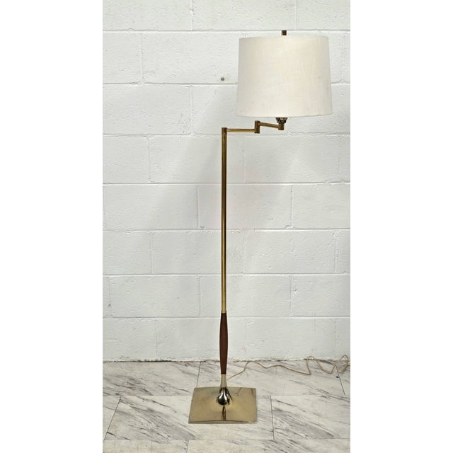 Polished Brass & Walnut Mid Century Floor Lamp By Laurel Lamp Co. Featuring An Adjustable Pivoting Head & Warm Solid...