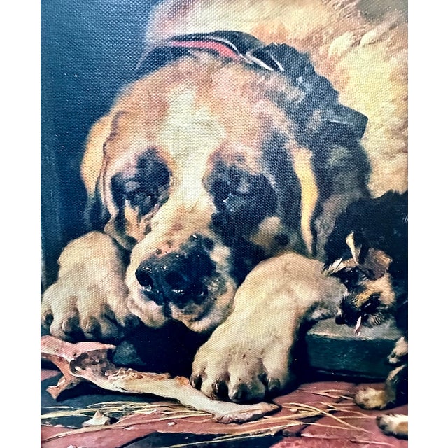 Vintage Canvas on Board Print of Dogs Enjoying a Bone For Sale - Image 4 of 6