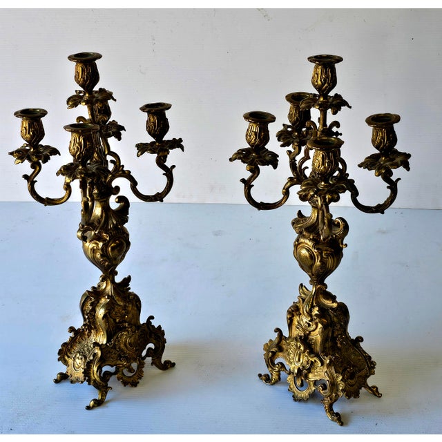 Early 20th Century Pair of Early 20th Century Renaissance Revival Style Brass Five Light Candelabras For Sale - Image 5 of 8