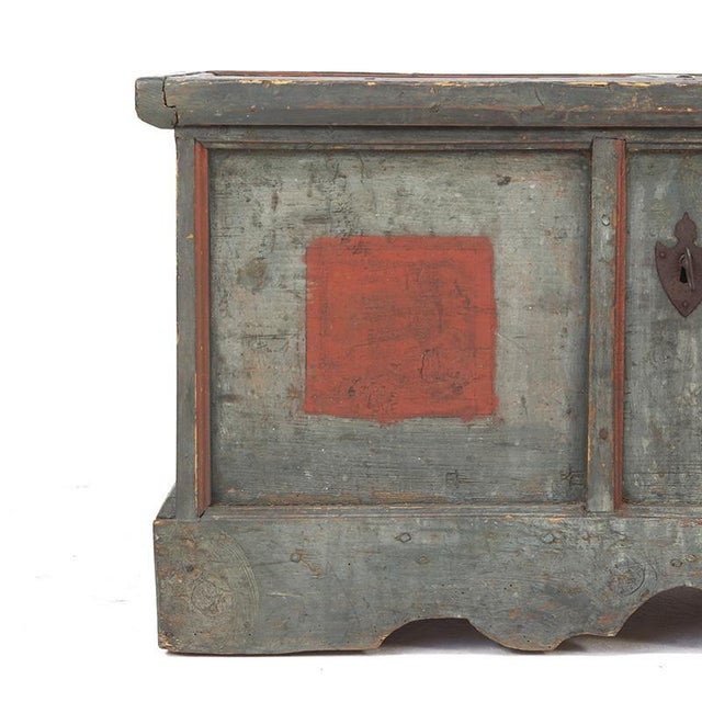 Blue Antique Rustic Farmhouse Folk Art Painted Bridal Chest For Sale - Image 8 of 9