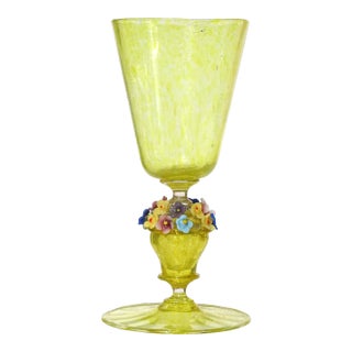 Antique Venetian Murano Yellow Spots Basket of Flower Gold Fleck Italian Footed Drinking Glass Chalice For Sale