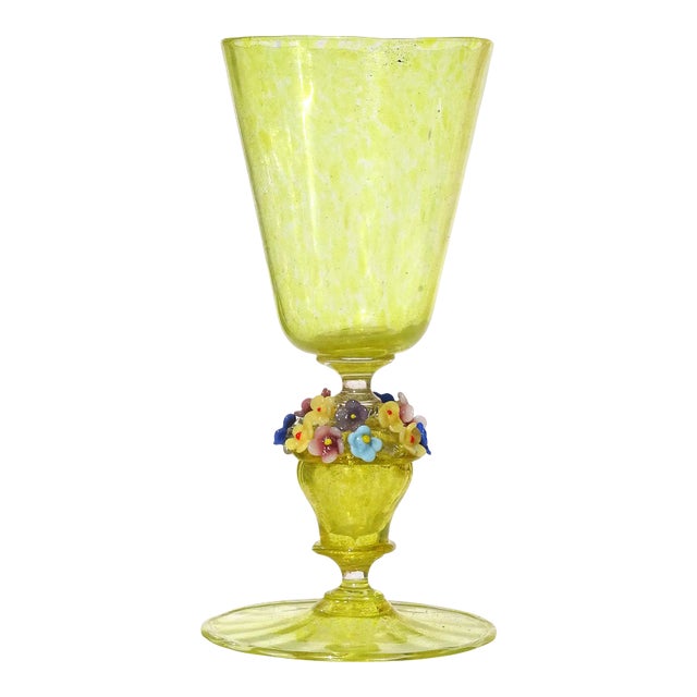 Antique Venetian Murano Yellow Spots Basket of Flower Gold Fleck Italian Footed Drinking Glass Chalice For Sale