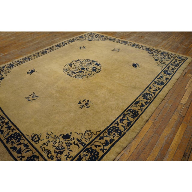 Textile Wonderful Beige and Blue Color With Small Florid Design Antique Chinese Peking Rug For Sale - Image 7 of 8