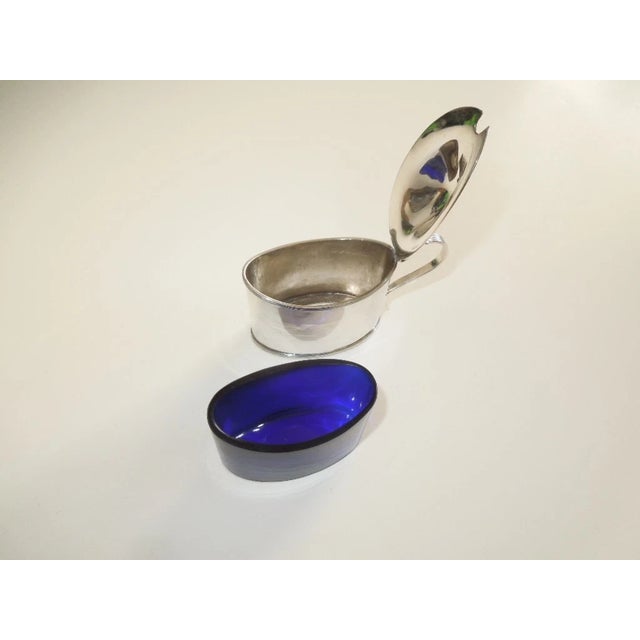 English 1882 Edward Hutton England Sterling Silver Mustard Pot Cobalt Blue Glass Liner For Sale - Image 3 of 9