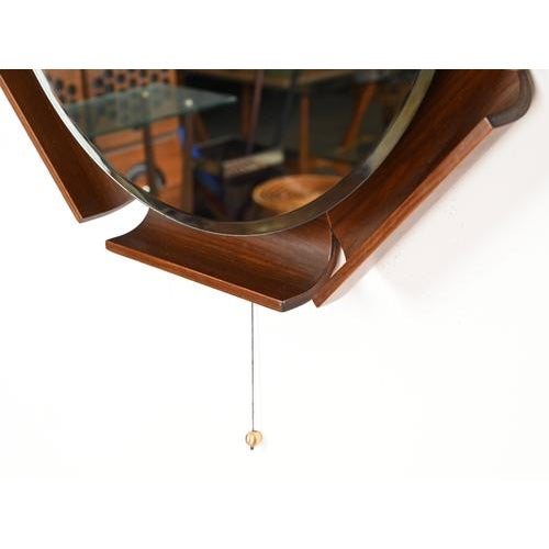 Gold Italian Curved Teak Backlit Bevel Mirror by ISA Bergamo, 1968 For Sale - Image 8 of 14