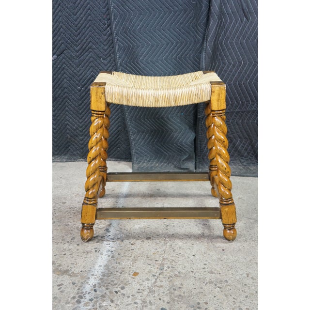 2 Vintage Spanish Revival Country French Barley Twist Stools Rush Saddle Seats For Sale - Image 15 of 17