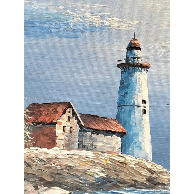 Vintage W. Sherman Lighthouse Oil on Canvas Painting Framed Coastal Nautical Art For Sale - Image 9 of 9