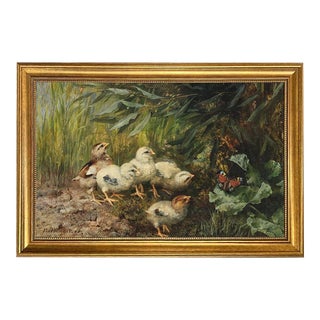 Chicks and Butterfly 15x23.5" Framed Oil Painting Print on Canvas For Sale