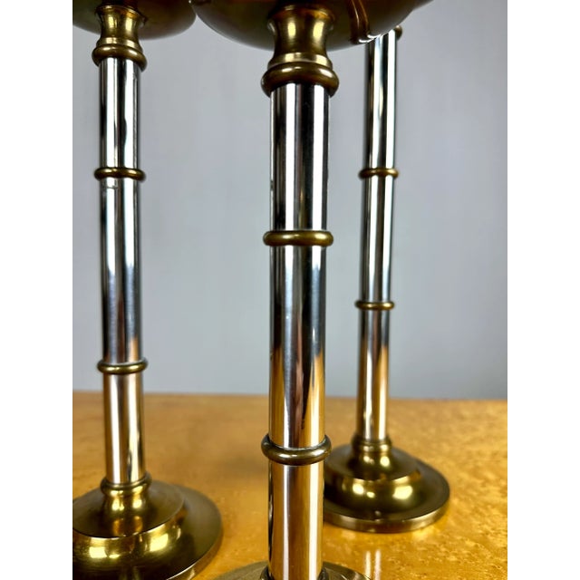 Metal Vintage Maitland Smith Style Chrome and Brass Faux Bamboo Candlestick Holders—set of 3 For Sale - Image 7 of 8