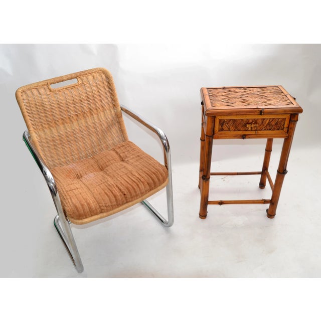 Vintage Bohemian Handcrafted Mid-Century Modern Bamboo & Rattan Side Table With Drawer For Sale - Image 4 of 13
