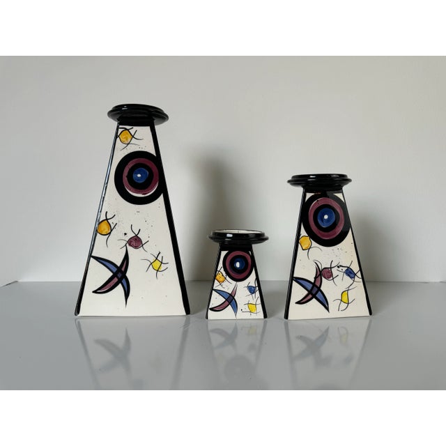 For your consideration we are presenting for sale this fantastic set of three Postmodern -style art hand painted ceramic...