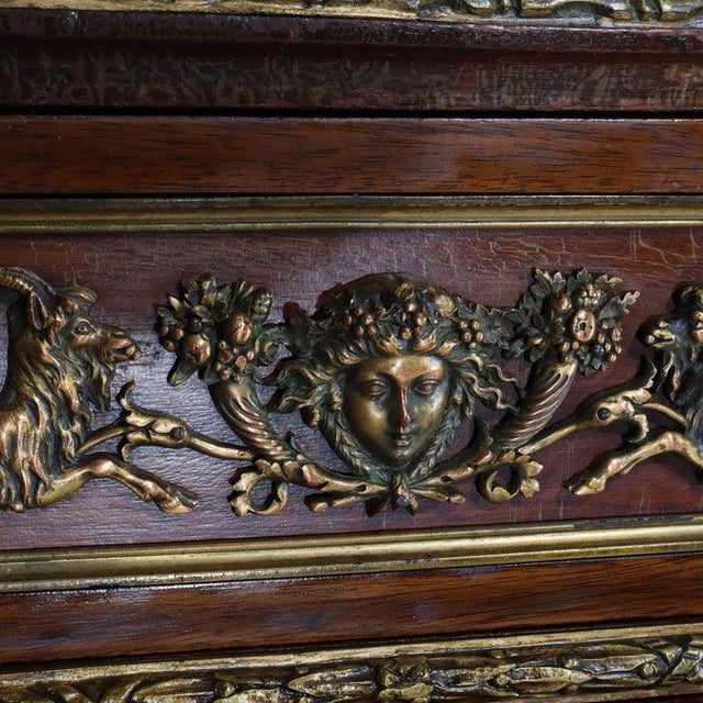 Antique French Louis XVI Rosewood, Kingwood, Mahogany & Ormolu Rouge Marble Top Credenza With Musical Parquetry & Mask...