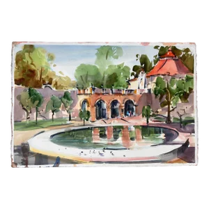 Vintage San Diego California Impressionist Watercolor Painting Balboa Park Fountain
