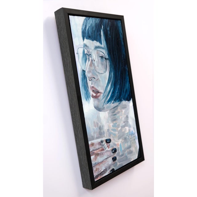 This oil painting on panel captures a contemplative figure with striking blue hair and glasses, evoking a sense of...