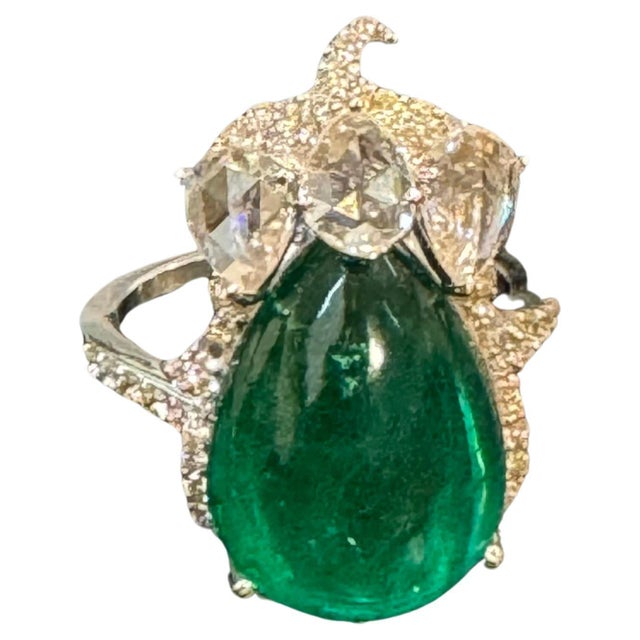 9 Ct Finest Zambian Sugar Loaf Emerald & 2 Ct Rose Cut Diamond Ring Size 7 For Sale - Image 17 of 18