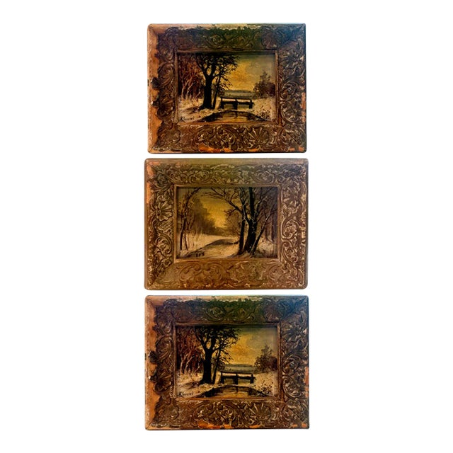 Vintage Mini Oil Wood Landscape Paintings in Distressed Ornate Wood Frames – Set of Three For Sale