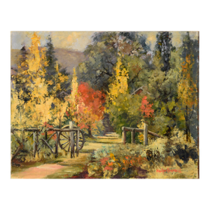 Autumn at the Cottage in the Woods - Landscape in Oil on Masonite by Evelyn Campbell