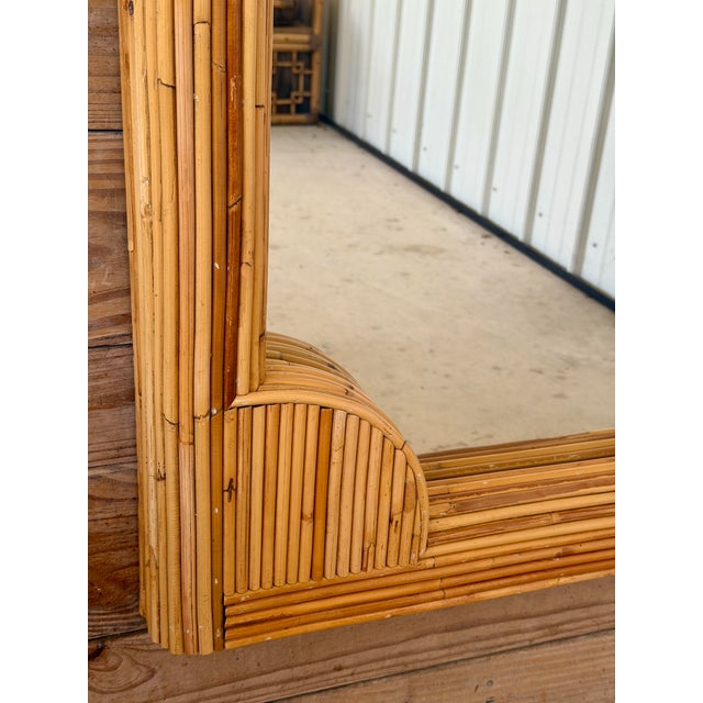 Wood Vintage Coastal Boho Refinished Pencil Reed Rattan Sculptural Arch Wall Mirror For Sale - Image 7 of 12