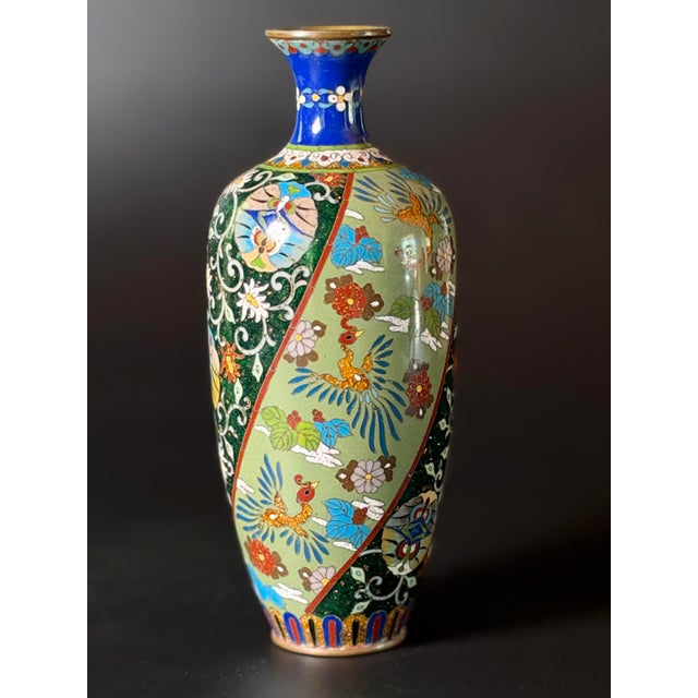 Japanese Antique Japanese Meiji Cloisonné Vase - Phoenix & Aventurine Goldstone, 7" For Sale - Image 3 of 7