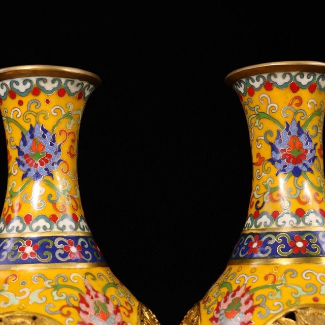 Yellow Monumental Chinese Imperial Style Cloisonné Vase With Gilt Openwork Dragon Panels - 13.5 LBS For Sale - Image 8 of 9