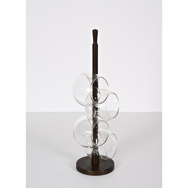 Mid-Century Italian Blown Drinking Glasses and Walnut Wood Holder, 1970s, Set of 5 For Sale - Image 4 of 18