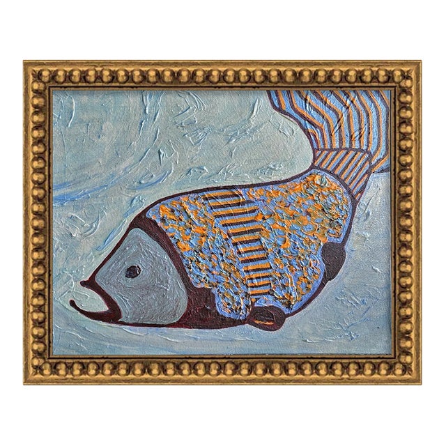 Golden Current – Framed Fish Painting, Original Acrylic & Oil Artwork, Modern Minimalist Nautical Wall Art, 12.5 X 15.5 For Sale